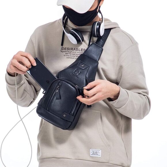 Genuine Leather Sling Bag with USB Charging Port Multi-pocket Chest Bag for Men - Picture 5 of 6